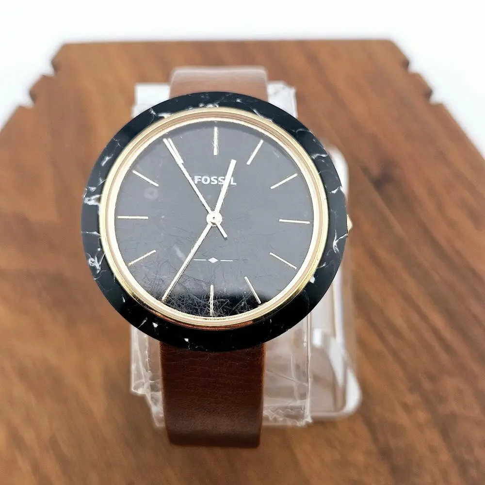 Fossil Womens Black Marble Bezel Watch Brown Leather Band Elevated Basic ES-4382
